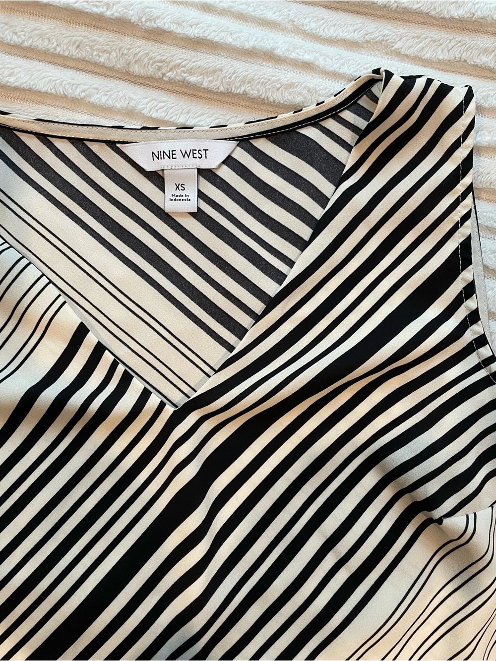 Nine West Black and White Striped V-Neck Blouse